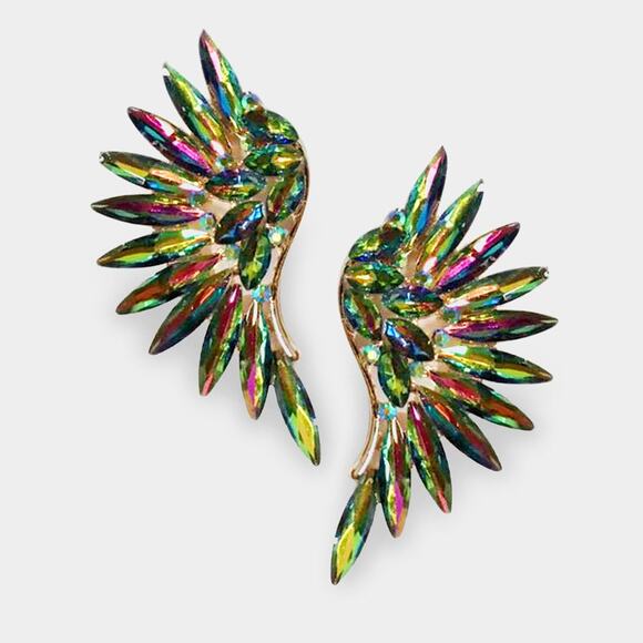 Clip on 2 1/4" gold, green and multi colored stone pointed wing earrings - Picture 3 of 4